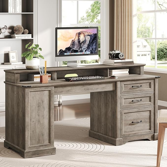 55'' Farmhouse Executive Desk with Drawers, Home Office Desk with File Cabinet and Storage Shelf, Charging Station, Computer Desk with Monitor Stand, Writing Gaming Desk, Greige