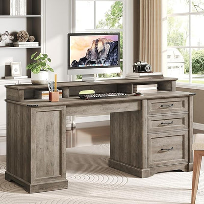 55'' Farmhouse Executive Desk with Drawers, Home Office Desk with File Cabinet and Storage Shelf, Charging Station, Computer Desk with Monitor Stand, Writing Gaming Desk, Greige
