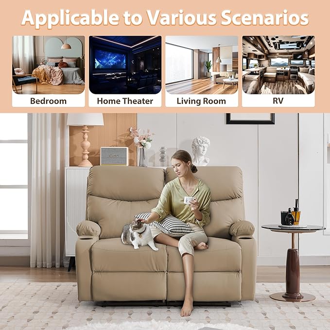 Manual Reclining Loveseat Anti-Scratch Loveseat Recliner Sofa with Side Pocket and Cupholders Wall Hugger 2 Seat Reclining Sofa Chair for RV Living Room Meeting Room Bedroom Apartment