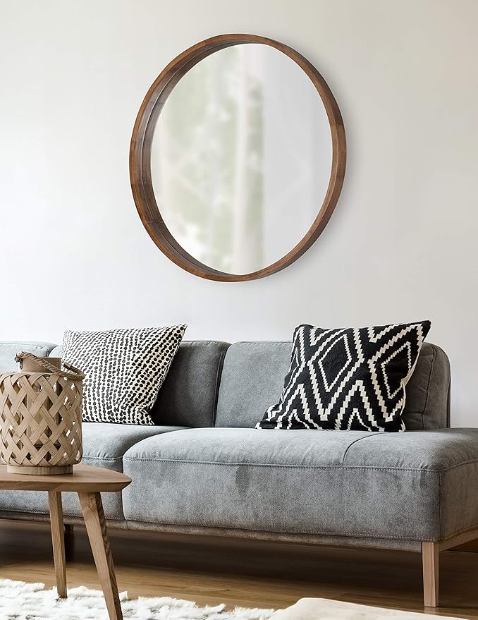 Kate and Laurel Hutton Round Wood Framed Wall Mirror, 36" Diameter, Natural Rustic Brown, Geometric Home Decor