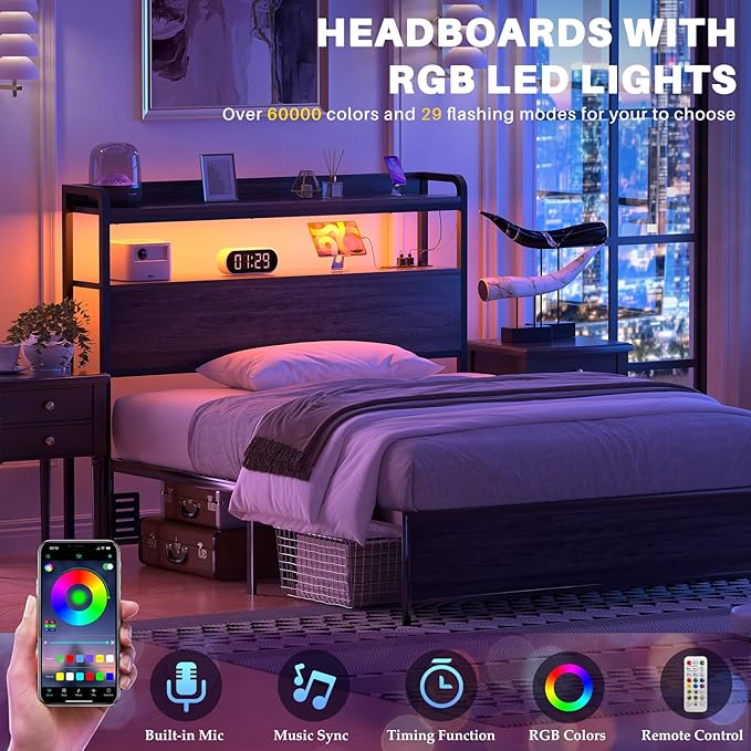 Aheaplus Headboard for Twin Size Bed Frame, Headboards with Outlets, USB Ports and LED Light, Head Board with Storage, Height Adjustable, Sturdy and Stable Headboard, Twin Size, Black Oak