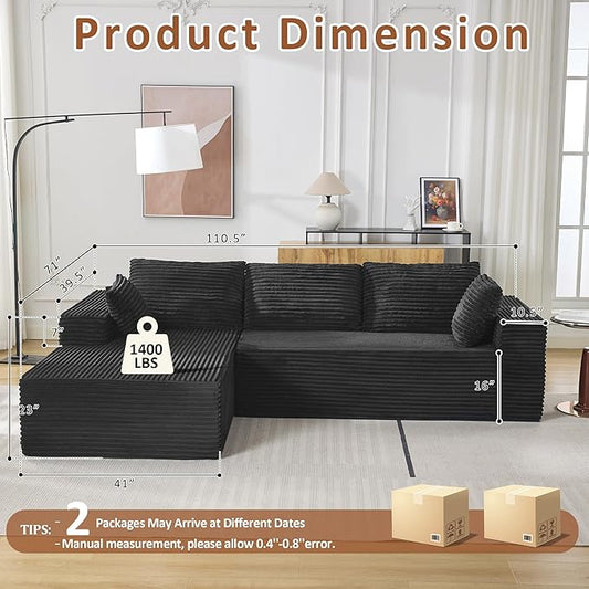 110" Boneless Sectional Couch with Chaise Lounge, Cloud Couch Compressed Sofa L Shape, No Assembly Memory Foam Sofa for Living Room, Black Corduroy