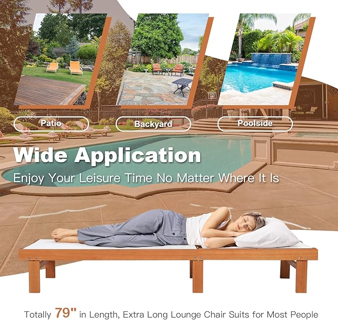 COSTWAY Patio Wood Chaise Lounge Chair, Strong Eucalyptus Wood Frame, 5-Position Adjustable Outdoor Recliner with White Mesh (1)