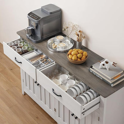 Gizoon 55" Buffet Cabinet, Sideboard Buffet Cabinet with Storage, Modern Coffee Bar with 2 Drawers and 4 Doors, Kitchen Pantry Storage, Wood Kitchen Sideboard Table, Adjustable Shelf, White/Grey