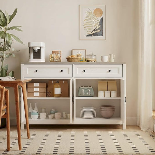 Gizoon Farmhouse Kitchen Sideboard Buffet Cabinet with Storage, Wood Coffee Bar and Storage Sideboard with Drawers and Doors for Kitchen, Dining Room, 15.7" D x 55.1" W x 35.3" H, White/Grey