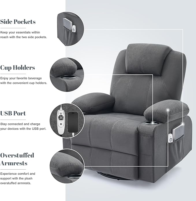 Oversized Swivel Rocker Recliner Chair with Heat and Massage, Large Big Recliner Chair for Living Room, 360 Degree Swivel Rocking Single Sofa with Cup Holders and USB Port(Fabric, Dark Grey)