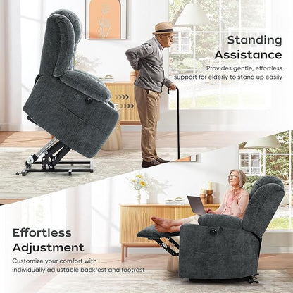 ABCASA Large Dual Motor Lay Flat Power Lift Recliner Chair for Elderly with Heat ＆ Massage, Comfortable Chenille Recliner, Cup Holder, Side Pocket,USB-A ＆ C Ports, Gray Blue