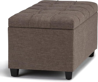 SIMPLIHOME Sienna 33 inch Wide Transitional Rectangle Storage Ottoman Bench in Fawn Brown Linen Look Fabric, Assembled, For the Living Room, Entryway and Family Room