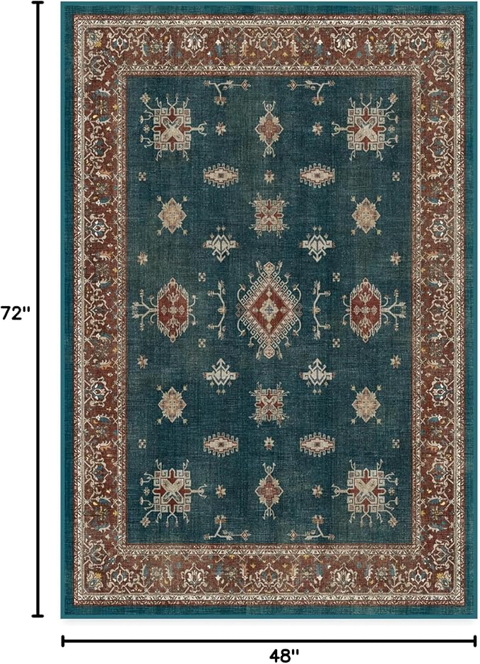 RUGGABLE Washable Vintage Area Rug – Verena Teal Blue 4x6, Stain-Resistant, Non-Slip – Medium Machine Washable Rugs for Living Room, Bedroom, Hallway, Entryway & Office–with Standard Pad