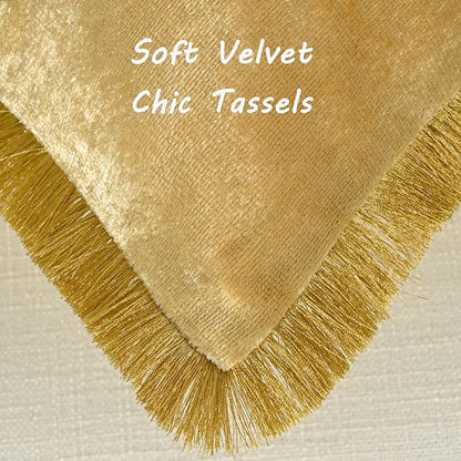 FUTEI Christmas Gold Velvet Decorative Throw Pillow Covers 18x18 Set of 2,Soft Cozy Edge with Tassels Cushion Case,Boho Modern Home Decor for Couch Bed Living Room