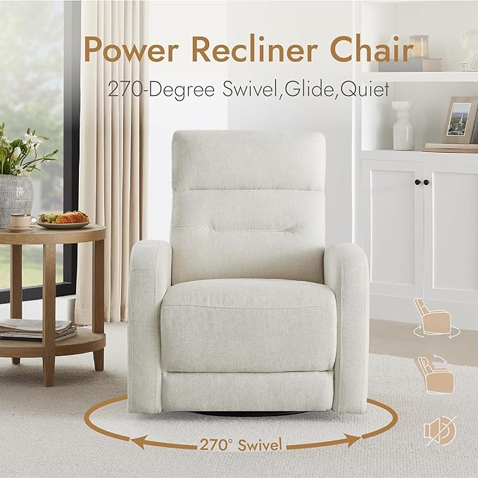 Watson & Whitely Swivel Power Recliner with Adjustable Headrest, Recliner Chairs for Adults, Small Glider Rocker for Living Room, Fabric in Linen