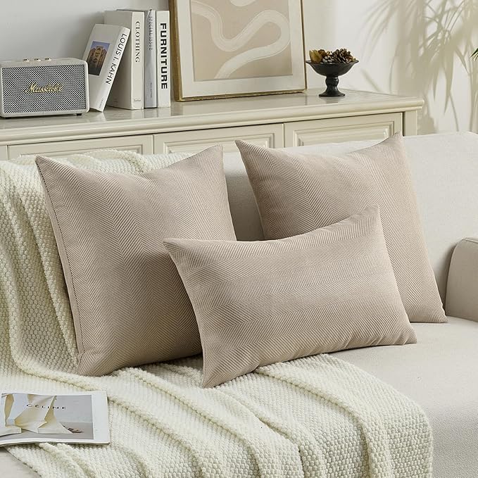 FUTEI Oatmeal Chenille Throw Pillow Covers 22x22 Inch Set of 2,Soft Wide Chevron Textured Cushion Case,Farmhouse Home Decor for Couch Bed Living Room