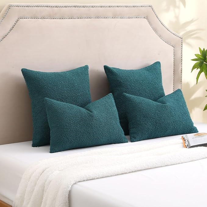 FUTEI Pack of 2 Teal Green Decorative Throw Pillow Covers 18x18 Inch Soft Cozy Solid Boucle Textured Cushion Case,Modern Home Decor for Couch Bed Living Room