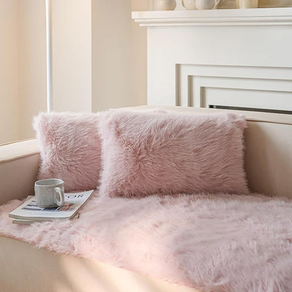 Neelvin Brown Faux Fur Cozy Fluffy Double-Sided Decorative Throw Pillow Covers 12x20 inch Set of 2,Velvet Pillowcase Cushion Case for Sofa Couch