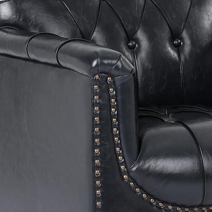 UIXE Faux Leather Accent Chairs Set of 2, Comfy Club Chair Upholstered Armchair for Living Room, Button Tufted Arm Chair Retro Single Sofa Side Reding Seat for Bedroom - Black Blue