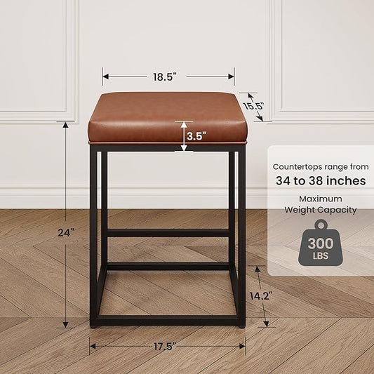 PHI VILLA Brown Leather Bar Stools Set of 4, Counter Height Barstools Kitchen Chairs, 24 inch Counter Stools