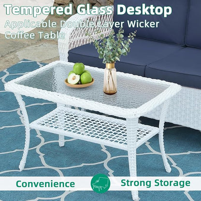 VIVIJASON 2-Piece Patio White Wicker Loveseat Glider Set Cushioned, Outdoor Conversation Furniture Sets W/ 2-Seater Glider Rocking Bench, Coffee Table and Cushions for Porch Garden Poolside, Navy Blue
