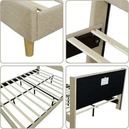 Low Profile Upholstered Platform Bed,Queen Beds with Beige(Linen)