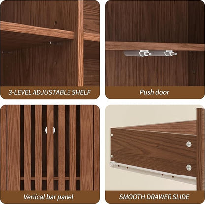 69" Tall Farmhouse Storage Cabinet with Drawer & Adjustable Shelves, Grille Door Organizer Unit, Anti-Tip Design for Bathroom, Kitchen, Living Room, Rustic Brown