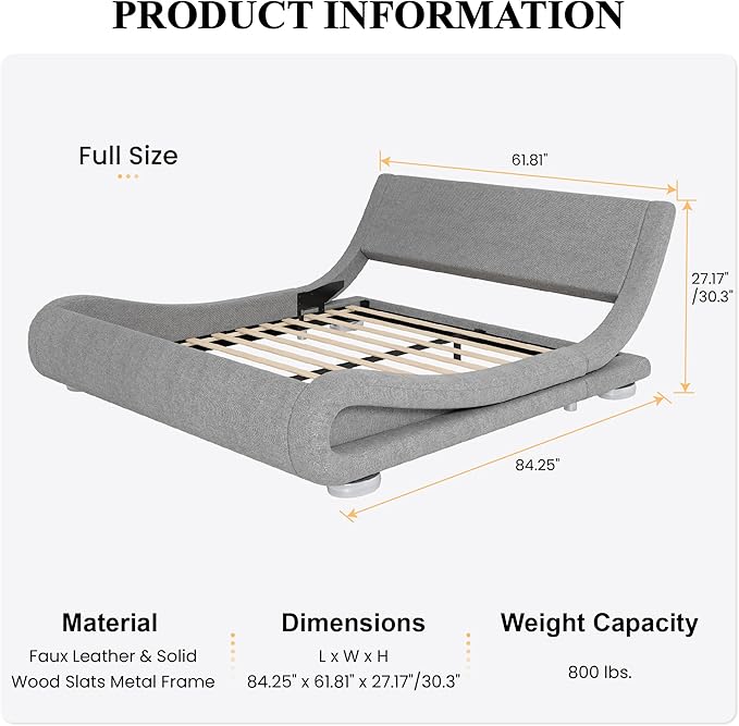 SHA CERLIN Full Size Upholstered Bed Frame, Deluxe Low Profile Sleigh Bed with Linen Ergonomics Headboard, No Box Spring Needed & Easy Assembly, Grey