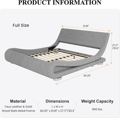 SHA CERLIN Full Size Upholstered Bed Frame, Deluxe Low Profile Sleigh Bed with Linen Ergonomics Headboard, No Box Spring Needed & Easy Assembly, Grey