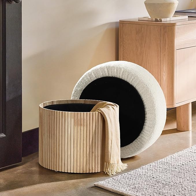 LuxenHome Storage Ottoman, 15.5"W x 15.5"H Modern Upholstered Padded Ivory Footstool with Storage and Wood Fluted Base, Accent Small Table, Footrest Vanity Stool for Living Room, Bedroom, Small Space