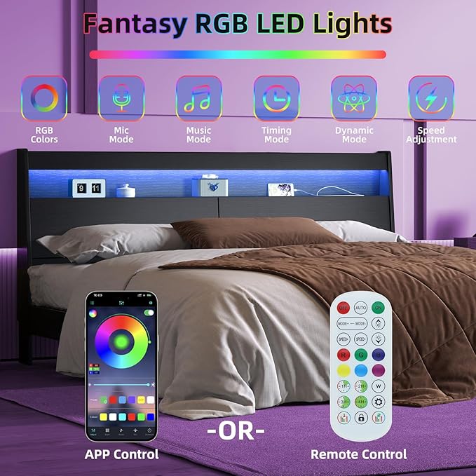Modern Wooden Headboard Only with Storage,Wall Mount Bed Backboard with LED Light Power Outlets 2 USB Ports for Bedroom (Black, King)