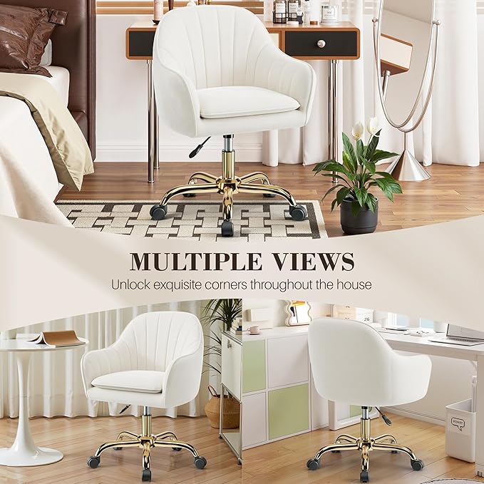 Comfy Home Office Desk Chairs Vanity Chair with Wheels Adjustable Modern Velvet Makeup Vanity Chairs for Bedroom Living Room（White）