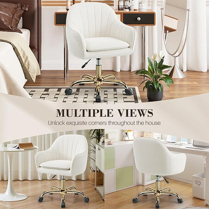 Comfy Home Office Desk Chairs Vanity Chair with Wheels Adjustable Modern Velvet Makeup Vanity Chairs for Bedroom Living Room（White）