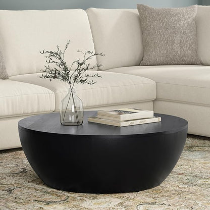 SIMPLIHOME Elmbrook Coffee Table - 34 inch Wide Solid Mango Wood Modern Industrial Round Drum Cocktail Table in Black, Sculptural Living Room Table with Low Profile Design, Assembled