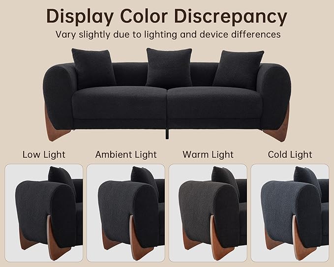 Morden Fort Modern Cloud Couch - 3 Seater Sherpa Boucle Sofa with Wood Legs, Ultra-Thick High Resilience Cushion with 3 Matching Pillows Upholstered Comfy Couch Sofa for Living Room - Black
