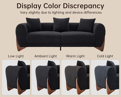 Morden Fort Modern Cloud Couch - 3 Seater Sherpa Boucle Sofa with Wood Legs, Ultra-Thick High Resilience Cushion with 3 Matching Pillows Upholstered Comfy Couch Sofa for Living Room - Black