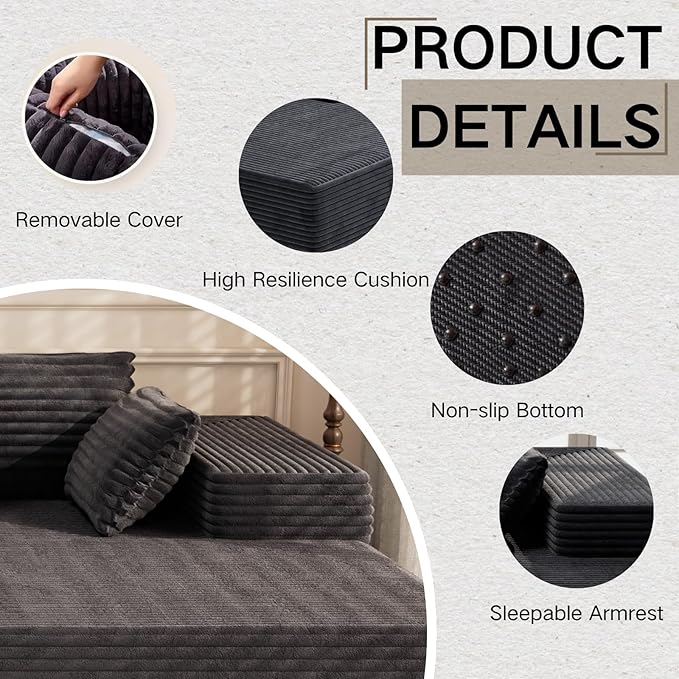 105" Modular Sectional Sofa L Shape for Bedroom, Modular Cloud Sofa with Deep Seat for Living Room, Upholstered Couches No Assembly Required Black, Left Facing Chaise