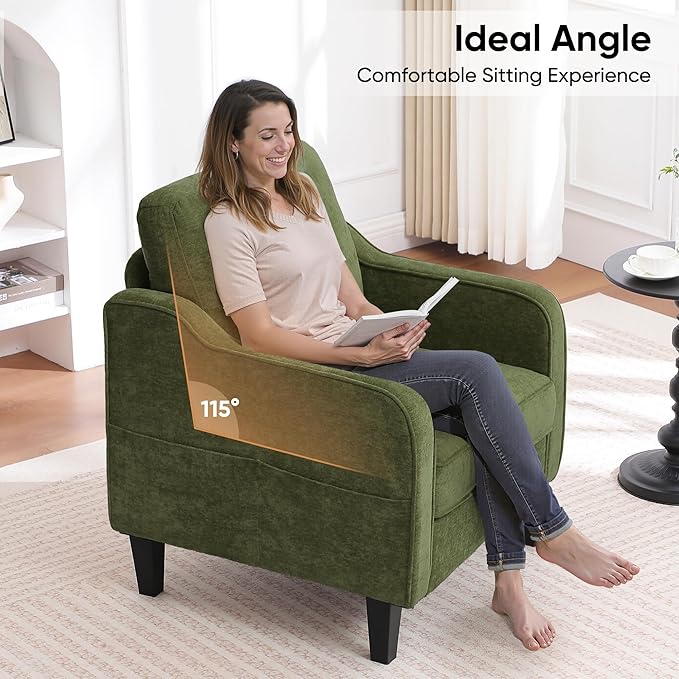 Accent Chair for Living Room, Mid Century Modern Reading Chair for Bedroom, Upholstered Armchair with Side Pockets, Comfy Single Sofa Side Chair for Office, Apartment, Small Room, Olive Green
