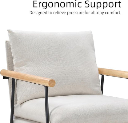 Accent Chair for Living Room,Arm Chair for Bedroom,with Wooden Arms, Wide Large Plus Size Cushion,Metal Frame,Reading Bedroom Chair Armchair for Home/Office/Cafe/Apartment/Waiting Room,White