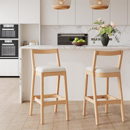 Christopher Knight Home Yone Counter Height Bar Stools Set of 2, Comfy Fabric Upholstered Bar Stool for Kitchen Island, Wooden Dining Room Chair, Barstools with Footrest/Backrest, Beige + Natural