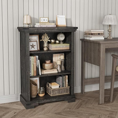 3-Tier Farmhouse Bookshelf, Book Shelf with Open Storage & One Adjustable Shelf, 9.8" D x 26" W x 38" H, Wooden Bookshelf for Study Room, Living Room, Kitchen, Bedroom (Black)