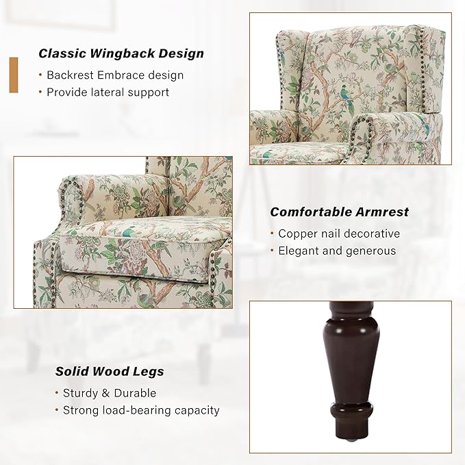 Wingback Accent Chair, High Back Upholstered Armchair, Printed Fabric Wingback Arms Chairs with Wood Legs, Single Sofa Reading Chair for Bedroom Living Room, Bird