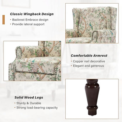 Wingback Accent Chair, High Back Upholstered Armchair, Printed Fabric Wingback Arms Chairs with Wood Legs, Single Sofa Reading Chair for Bedroom Living Room, Bird