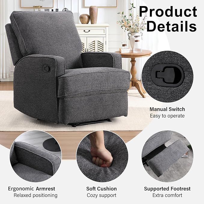 INZOY Manual Recliner with Thicker Backrest, Soft Fabric Manual Recliner with Overstuffed Cushion, Heavy Duty Reclining Sofa for Living Room Bedroom Apartment, Grey