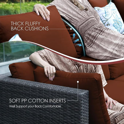 NICESOUL 9 Piece Extra Large Outdoor Patio Furniture Set with Firepit Table Natural Gas/Propane, 29.3'' High Back Gray Wicker Sectional Sofa, Deep Sitting Conversation,2 Color Cushion Burgundy & Gray