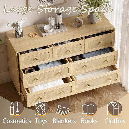 SINROM® Rattan Dresser for Bedroom, Farmhouse Dresser 7 Drawer for Bedroom, Wide Chest of Organizer Storage Drawers for Living Room, Hallway, Entryway