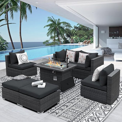 NICESOUL 29.3'' High Backrest Patio Furniture Set with Firepit Table Gas/Propane, Heavy Duty Deep Seating Outdoor Sectional Sofa Sets, 6 Seater Modern Luxury Extra Large Wicker Conversations, Gray