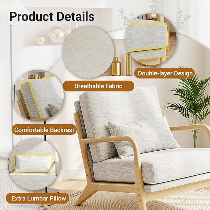 Claiks Mid-Century Modern Accent Chair, Living Room Armchair with Solid Wood Frame & Lumbar Pillow, Comfy Upholstered Lounge Chair for Bedroom, Office, Linen-Like Fabric, Light Gray