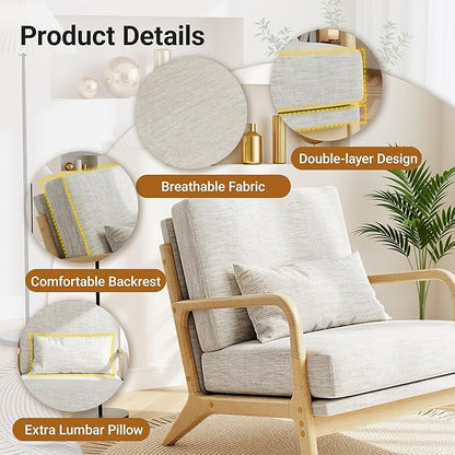 Claiks Mid-Century Modern Accent Chair, Living Room Armchair with Solid Wood Frame & Lumbar Pillow, Comfy Upholstered Lounge Chair for Bedroom, Office, Linen-Like Fabric, Light Gray