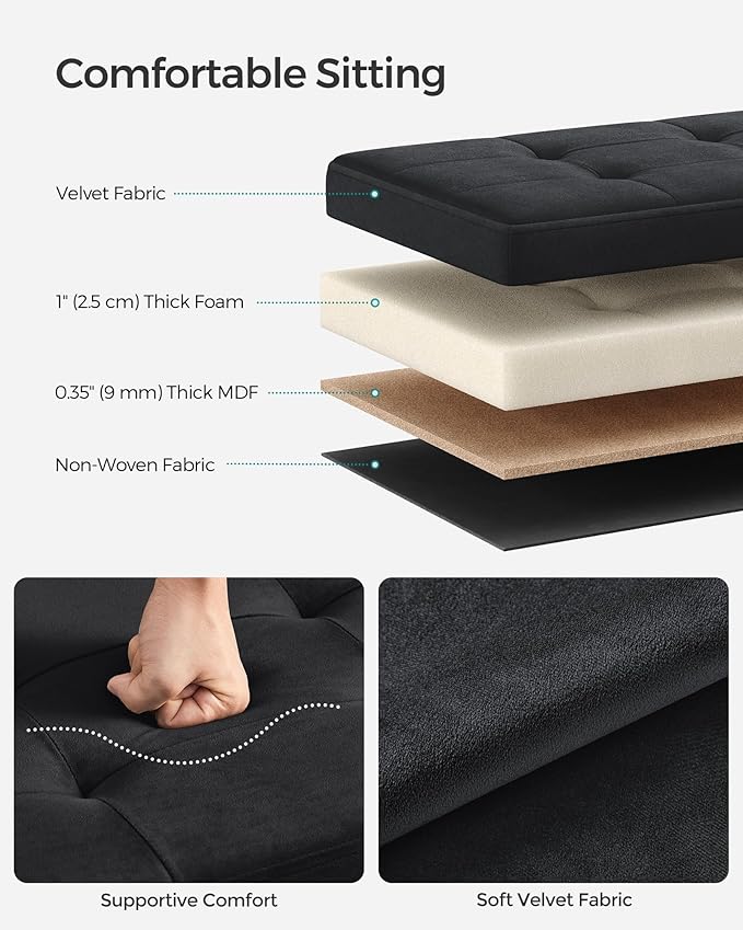 SONGMICS Mazie Collection - Storage Ottoman Bench, Foldable Foot Rest, 15 x 43 x 15 Inches, End of Bed Bench, Storage Chest, Load 660 lb, Living Room, Bedroom, Entryway, Ink Black ULSF277B01