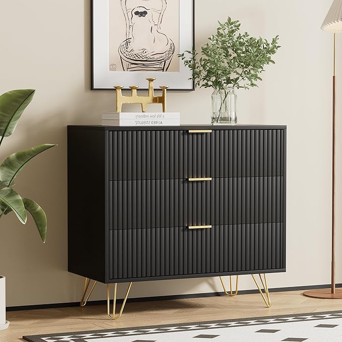 Black Dresser for Bedroom, Fluted Modern Dresser with Gold Pulls and 3 Drawers, 15.7" D x 31.5" W x 29.5" H