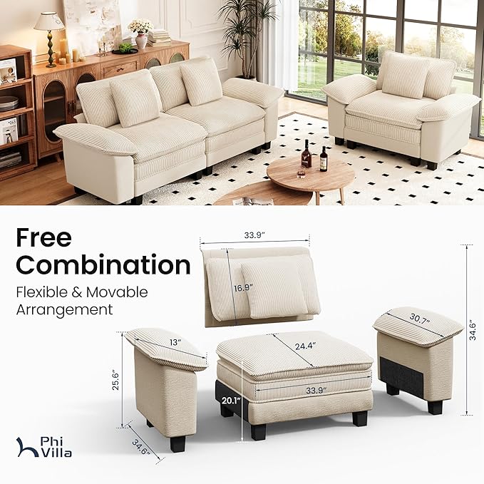 PHI VILLA Cloud Modular Couches Sets, 2 Pieces Sectional Sofa Set with Loveseat, 3-Seater Comfy Couch for Living Room Small Spaces, Chenille Corduroy Dual Fabric, Beige