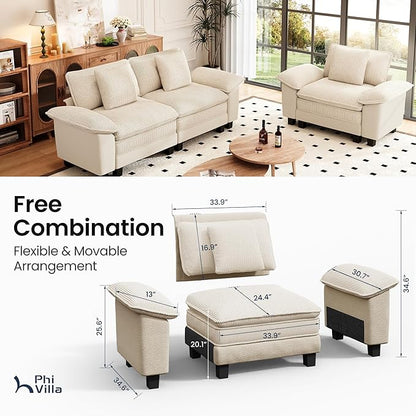 PHI VILLA Cloud Modular Couches Sets, 2 Pieces Sectional Sofa Set with Loveseat, 3-Seater Comfy Couch for Living Room Small Spaces, Chenille Corduroy Dual Fabric, Beige