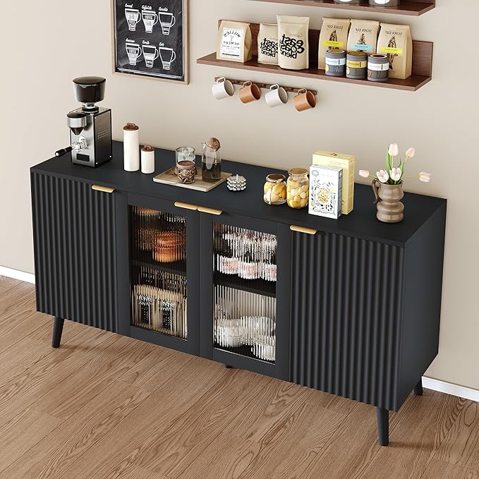 JASIWAY Modern Buffet Cabinet with Storage 55" Fluted Sideboard with 4 Doors Acrylic and Adjustable Shelves Wooden Coffee Bar Cabinet Storage Credenza for Living Room, Dining Room, Kitchen, Black